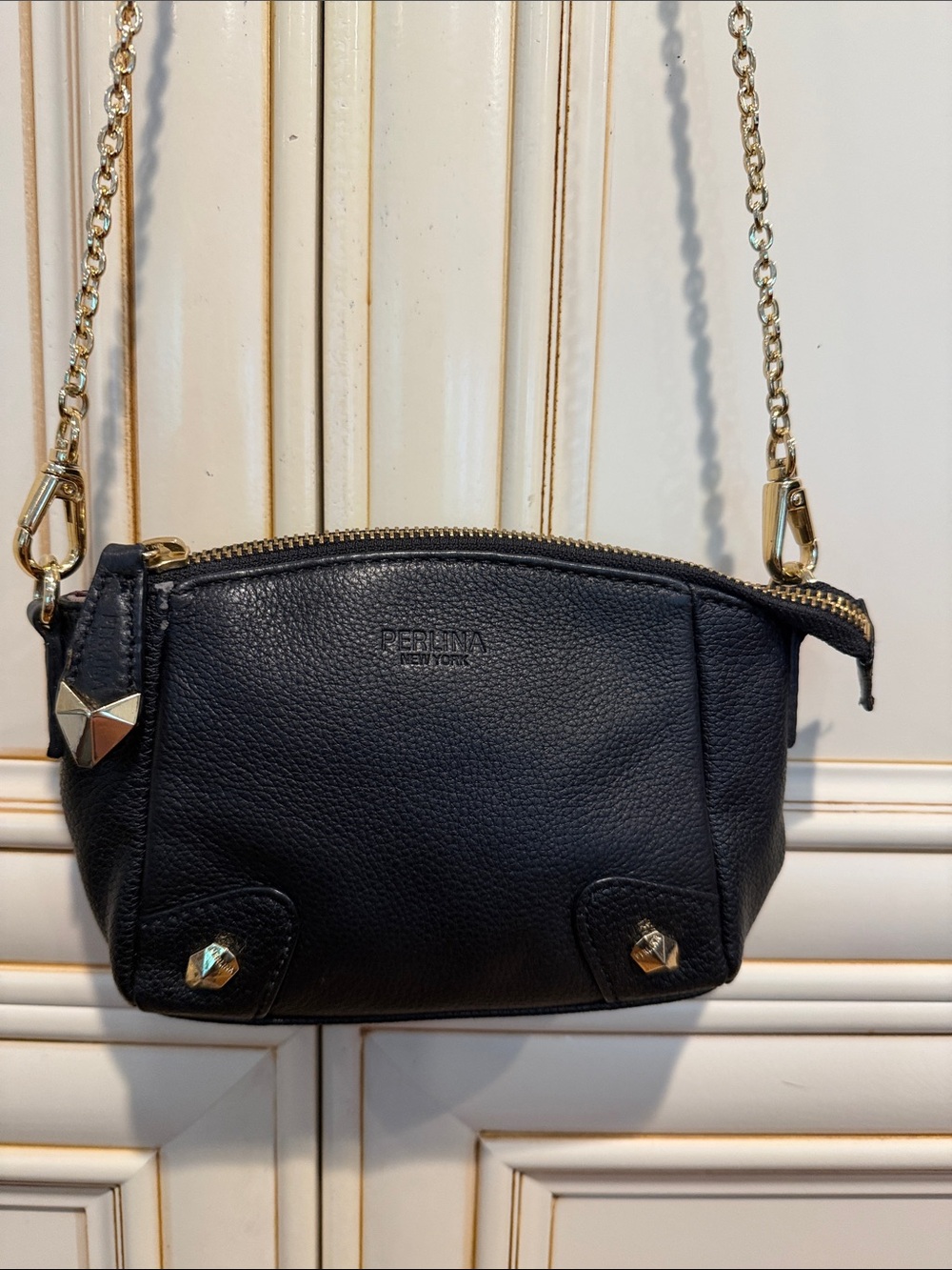 Perlina Black Leather Crossbody with Gold Chain Strap